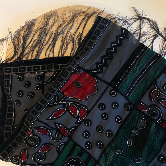 other Accessories - Whimsygoth Red Green Velvet Semi Sheer Fringe Trim Floral Wrap Scarf